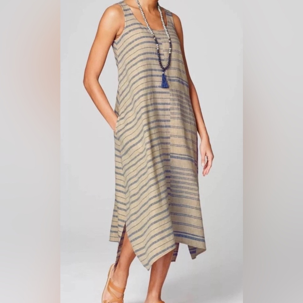 Pure Jill 100% Linen Striped Dress Tan Blue Size XS